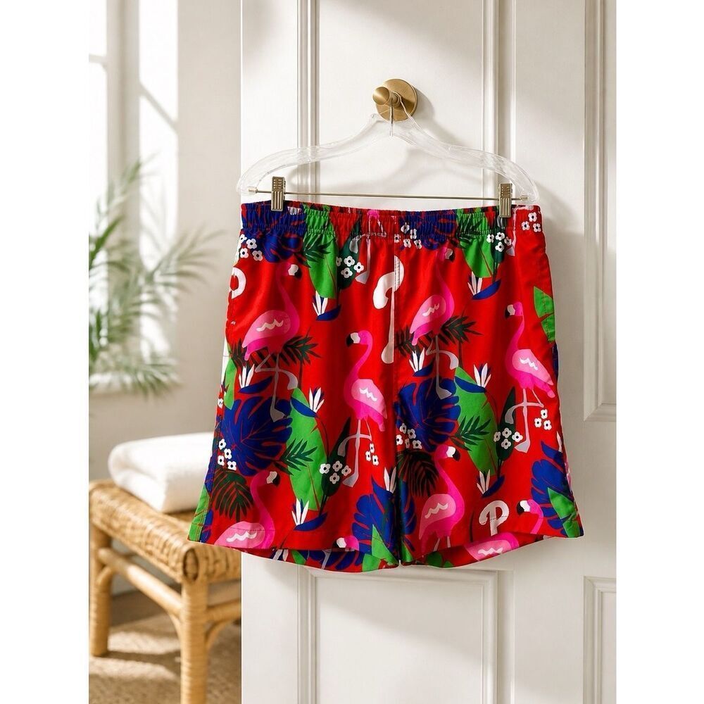 Genuine MLB Merchandise Red Flamingo Print Phillies Logo Men’s Swim Trunk XL